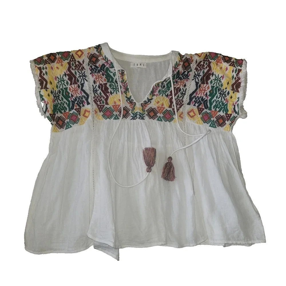 THML Women's Crop Top Cap Sleeve Embroidered XS Peasant Boho Festival Hippie Y2K - Picture 1 of 8